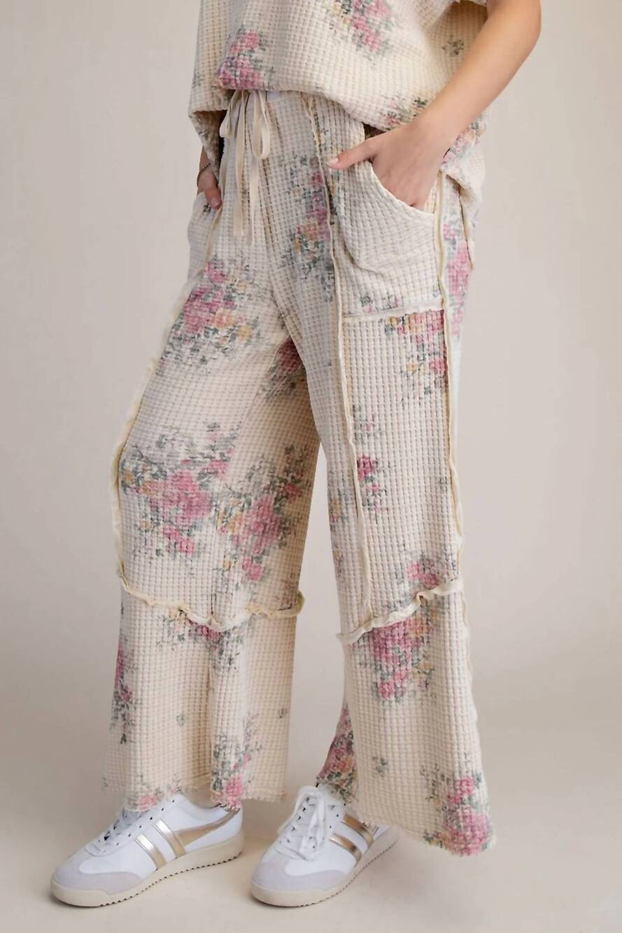 NEW EASEL waffle floral wide leg pant in pink flowers on beige